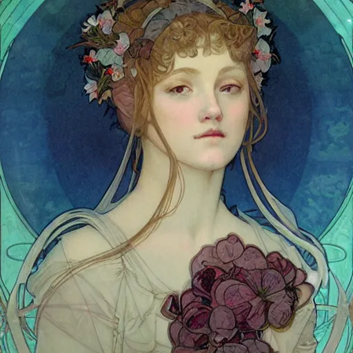 Image similar to romantic painted portrait of halo by james jean, mucha