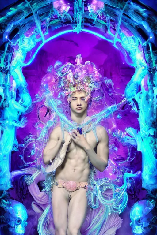 Prompt: photo of full-body rococo and cyberpunk delicate neon crystalline sculpture of ((handsome muscular onyx albino prince Joe Jonas)) as an blue iridescent humanoid deity wearing ((peach plastic hooded cloak)) (holding an onyx skull) in a onyx castle dungeon, reclining, glowing pink face, crown of (pink lasers), large blue diamonds, swirling black silk fabric. futuristic elements. oozing glowing liquid, full-length view. space robots. intricate artwork by caravaggio. Trending on artstation, octane render, cinematic lighting from the right, hyper realism, photorealistic, octane render, 8k, depth of field, 3D