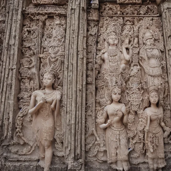 Prompt: photograph of a bas relief of demi rose and emilia clarke wearing kebaya found in an ancient hindu temple, by charlotte grimm, natural light, detailed face, canon eos c 3 0 0, ƒ 1. 8, 3 5 mm, 8 k, medium - format print, half body shot