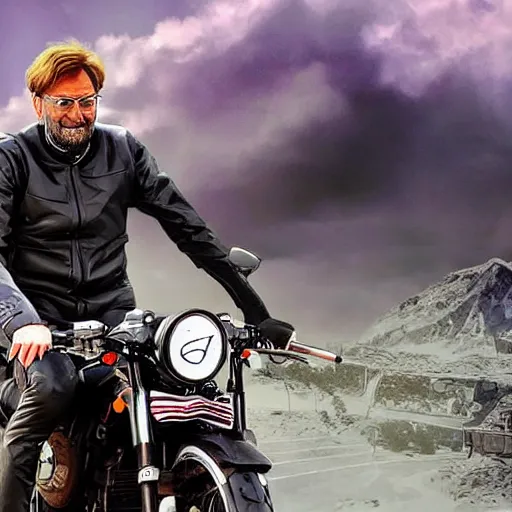 Prompt: jurgen klopp riding a motorcycle through a post - apocalyptic landscape, epic, anime, manga