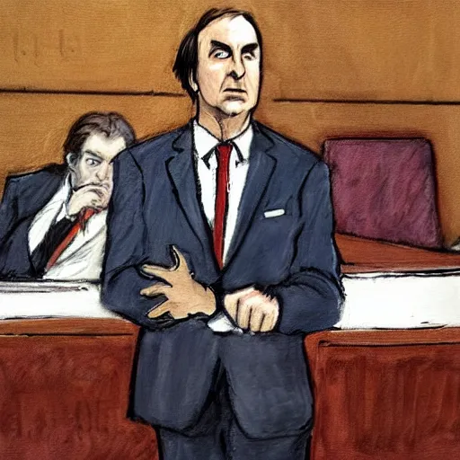 Image similar to saul goodman defending michael scorn in acourt, courtroom painting