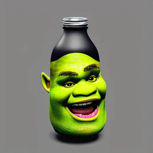 Prompt: 3d render, blender of an advertisement for a shrek soda, with the shrek pasted on the packaging, soda bottle with a small illustration of the shrek pasted on the packaging, award winning, studio light, 4K
