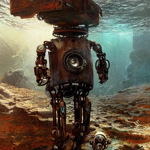 Image similar to a photograph of a robot endoskeleton submerged and rusted in the water, cinematic, volumetric lighting, f 8 aperture, cinematic eastman 5 3 8 4 film, photorealistic by greg rutkowski, by stanley artgerm, by alphonse mucha