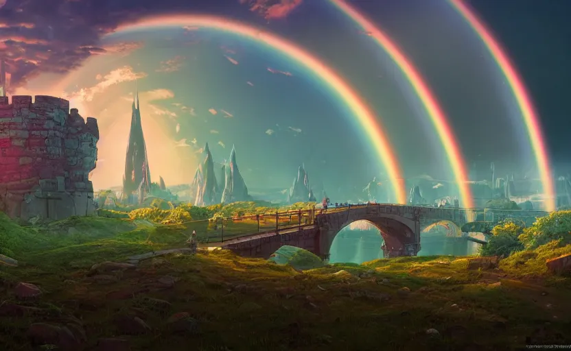 Prompt: A landscape with a giant rainbow bridge leading to a castle, magical portal, cyberpunk, glowing runes, technology, Low level, rendered by Beeple, Makoto Shinkai, syd meade, simon stålenhag, environment concept, synthwave style, digital art, unreal engine, WLOP, trending on artstation, 4K UHD image, octane render,