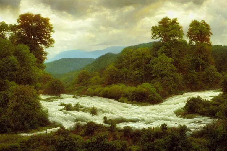 Image similar to two rivers converge to form one larger river, appalachian mixed mesophytic forest, roiling thunderstorm sky background, by Cortes Thurman the greatest Barbizon artist ever known and by Joe Jusko, rendered in hyperdetailed Ultra HD, trending on ArtStation, luminous