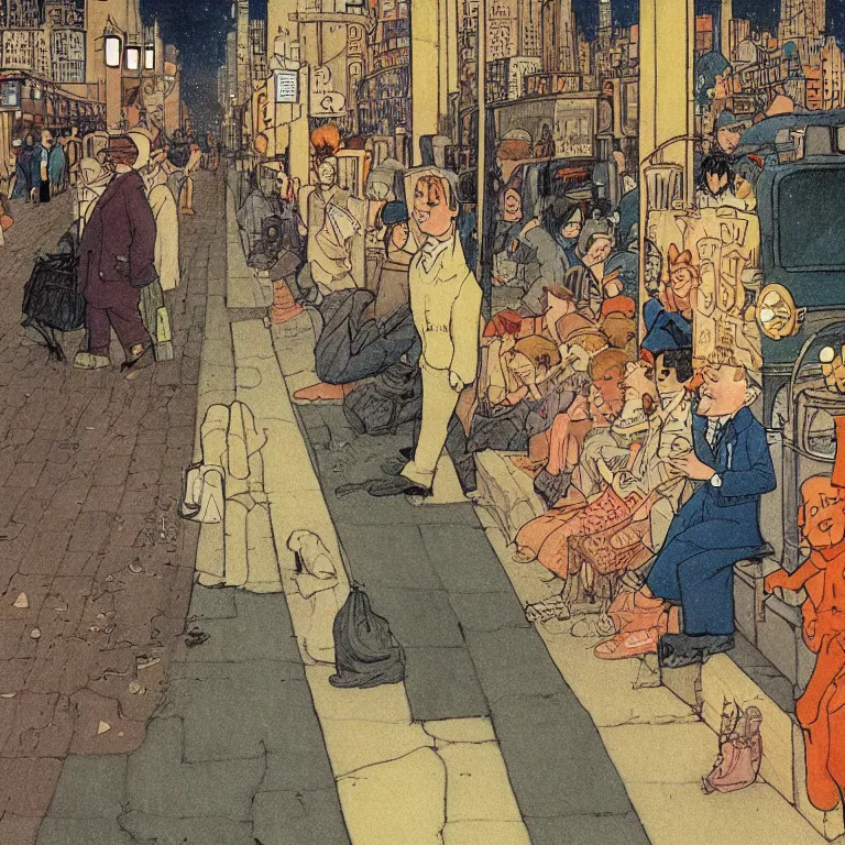 Prompt: some people waiting in bus stop in quiet dark city night, detailed, high quality, high resolution, color illustration by Winsor McCay little nemo