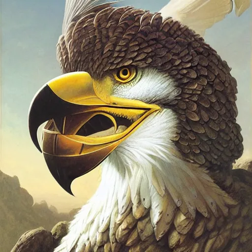 Image similar to head and shoulders portrait of a male aarakocra anthropomorphic eagle, d & d, fantasy, greg rutkowski, frank frazetta, alexandre chaudret, boris vallejo, michael whelan, miro petrov, hr giger, magali villeneuve, donato giancola