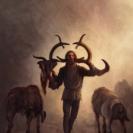 Image similar to man with goat horns holding an animal skull, style of da vinci, fantasy illustration, by greg rutkowski