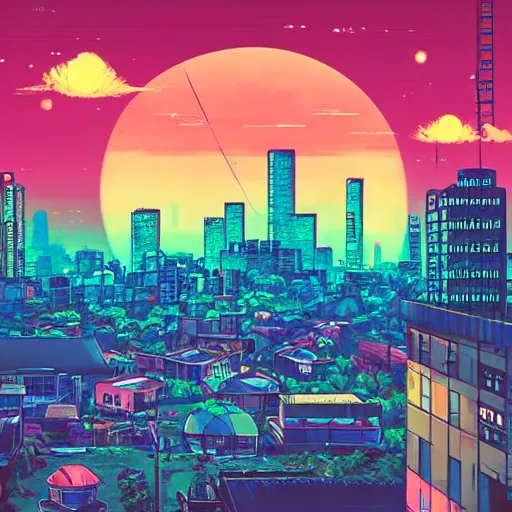 Image similar to synthwave urban grunge cityscape, studio ghibli style