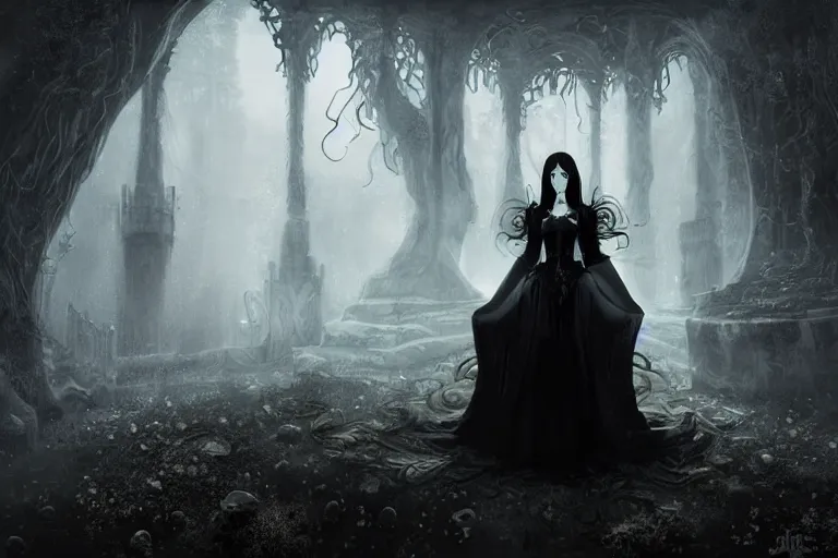 Prompt: ultra realist soft painting of a gothic princess in the world of Lovecraft, anime style, very intricate details, ultra dense fog, golden ratio, volumetric black and white lighting, reflections, refractions, symmetry accurate anatomy features, unreal render