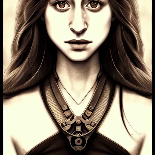 Image similar to in the style of halim ghodbane, artgerm, beautiful taissa farmiga, elegant pose, middle shot waist up, steampunk full color range, symmetrical face symmetrical eyes, cinematic lighting, detailed realistic eyes, short neck, insanely detailed and intricate elegant