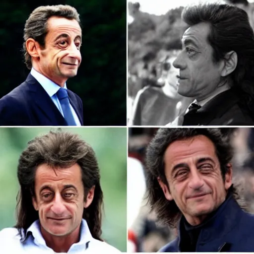 Prompt: Nicolas Sarkozy with a mullet, lots of hair, long hair, mullet haircut, mullet