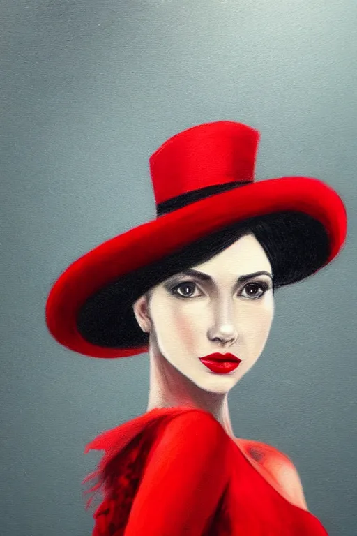 Image similar to elegant long hair lady wearing red dress and tophat, close up portrait, realistic detailed painting, dark background, noir, mysterious