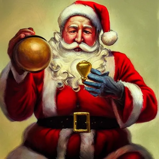 Prompt: an ultra - realistic portrait painting of santa claus holding a snowglobe in the style of frank frazetta. 4 k. ultra - realistic. highly detailed. dark fantasy. epic lighting.