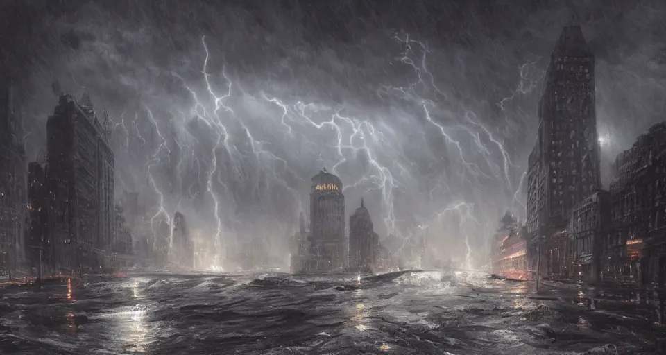 Image similar to lovecraftian eldritch!! creature!! destroying new york city, snowy, windy, by eugene von guerard, ivan shishkin, night, lightning!!, storm!, dramatic lighting, concept art, trending on artstation, 8 k