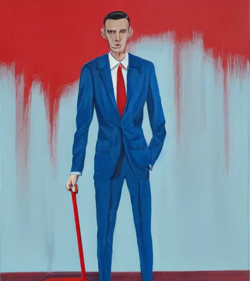 Prompt: skinny pale man with short hair combed backwards, wearing a blue suit and a red tie, holding a suitcase in one hand. dark background, rim lighting. symmetric, realistic painting