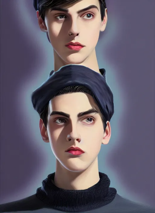 Image similar to portrait of teenage jughead jones wearing a light grey crown, crown, blue turtleneck, 1 9 5 0 s, closed eyes, photorealistic, black hair, glowing lighting, intricate, elegant, glowing lights, highly detailed, digital painting, artstation, concept art, smooth, sharp focus, illustration, art by wlop, mars ravelo and greg rutkowski