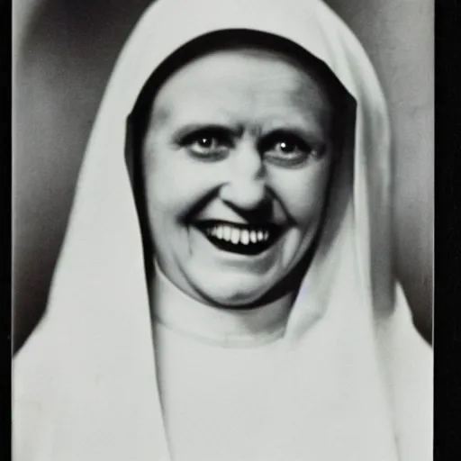 Prompt: antique photograph of an evil catholic nun, evil eyes, horror, looking at the camera, evil smile, sharp teeth, headshot
