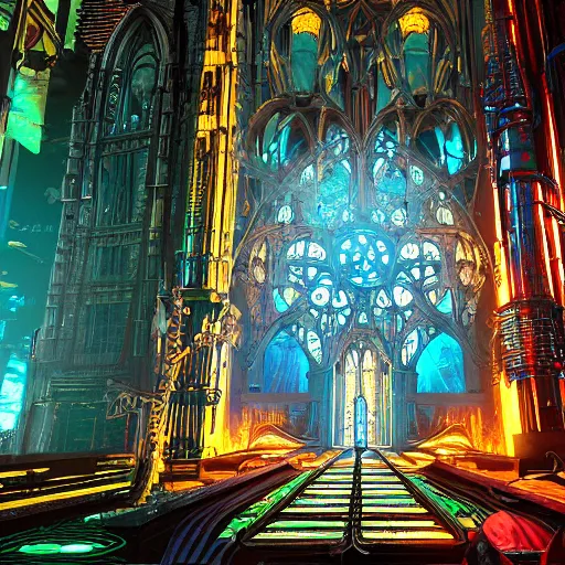 Prompt: a ultra detailed radiant gothic machine cathedral, that looks like cyberpunk 2077 and fallout 4, by Dan Mumford and Sam Yang and beeple and Seb McKinnon:3, gothic architecture, arches, vaults, vivid colors, panorama, blue and gold color scheme:2, runic symbols, arcane drawings, gears and industrial parts, mainboard and circuits:3, dramatic light, golden ratio composition, trending on artstation, trending on behance, f16, blur:-2