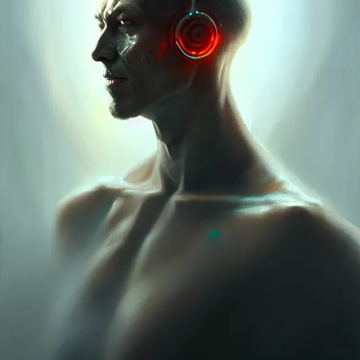 Image similar to cyborg man with cybernetic implants, beautiful, concept art oil painting, portrait ethereal by jama jurabaev, greg rutkowski extremely detailed, brush hard, artstation, soft light