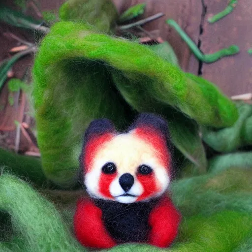 Prompt: a red panda needle felted, needle felting art.