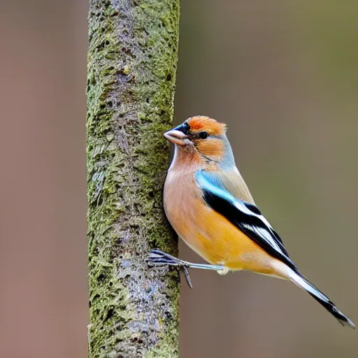 Prompt: photo of a chaffinch wearing glasses, trees, national geographic, morning, daylight