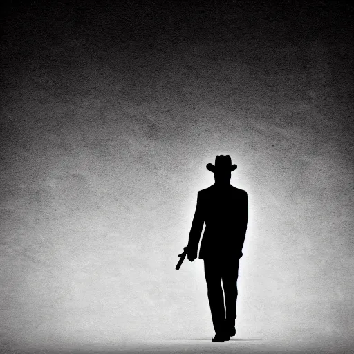 Prompt: mysterious man in black suit and black hat, he has a pistol!!, mysterious, 4 k, highly detailed, digital art, strong shadows, high contrast, epic scene, atmospheric, blue colours, old photograph