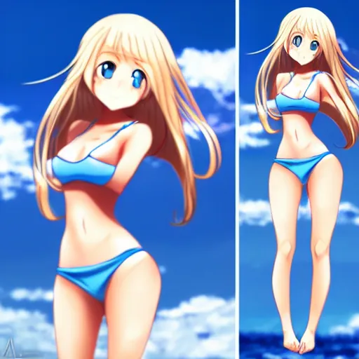 Image similar to a very beautiful young anime giantess, full body, long wavy blond hair, sky blue eyes, full round face,, bikini, miniskirt, front view, mid - shot, highly detailed, cinematic wallpaper by stanley artgerm lau