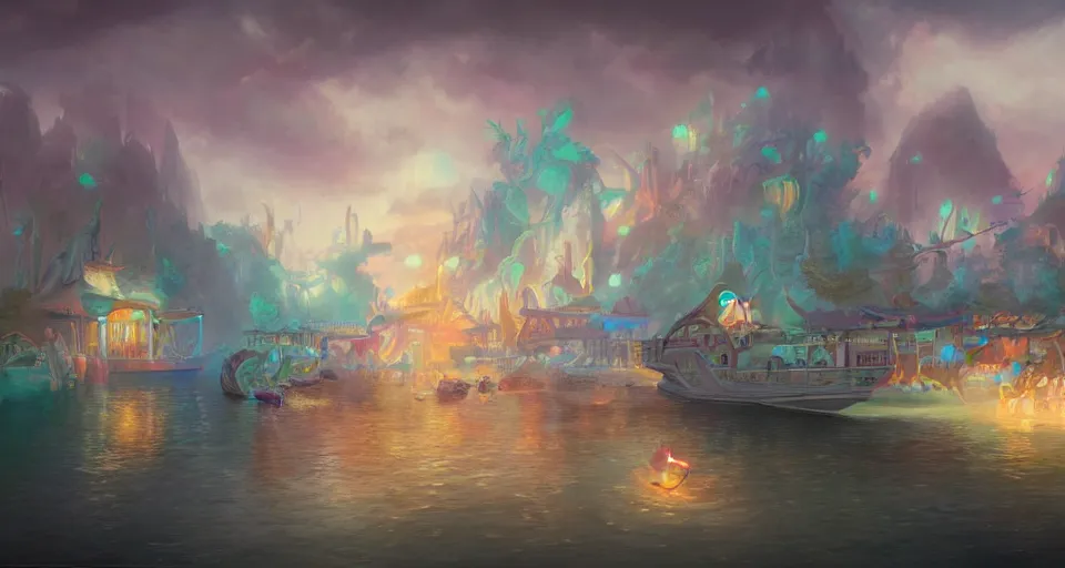 Prompt: an amusement park boat ride with pastel colors by peter mohrbacher, vivid colors, matte painting, 8K, concept art, mystical color scheme, trending on artstation