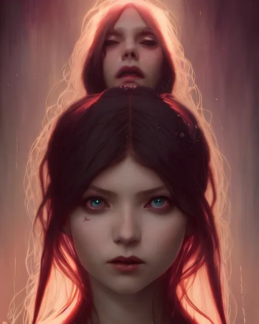 Image similar to highly detailed vfx portrait of a beautiful vampire girl, wonderful eyes, three - dimensional rendering, unreal engine, alexey gurylev, greg rutkowski, loish, rads, beeple, makoto shinkai and lois van baerle, rossdraws, tom bagshaw, alphonse mucha, global lighting, detailed and complex environment