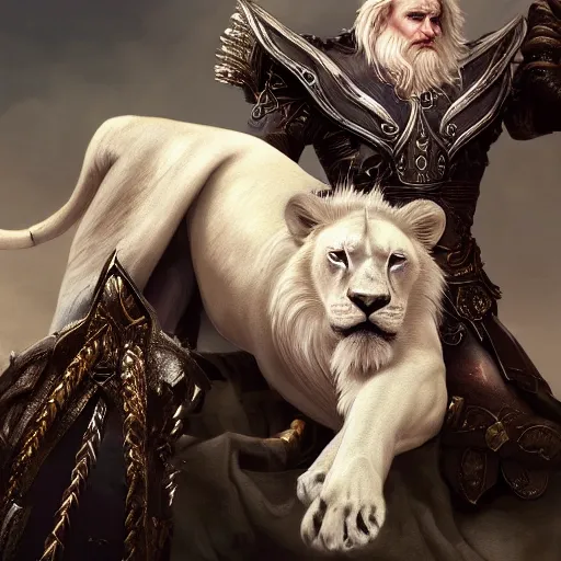 Image similar to an image of Godfrey the first Elden Lord posing with a white lion after the battle, photorealistic, trending on Artstation, digital art