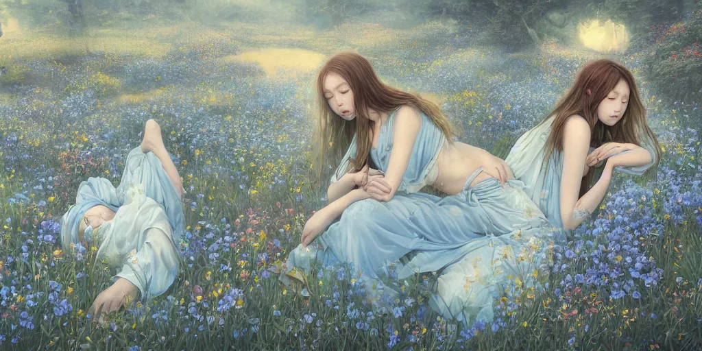 Prompt: breathtaking detailed concept art painting of the sleeping in meadow goddesses of light blue flowers, orthodox saint, with anxious, piercing eyes, ornate background, amalgamation of leaves and flowers, by Hsiao-Ron Cheng, Miho Hirano, extremely moody lighting, 8K