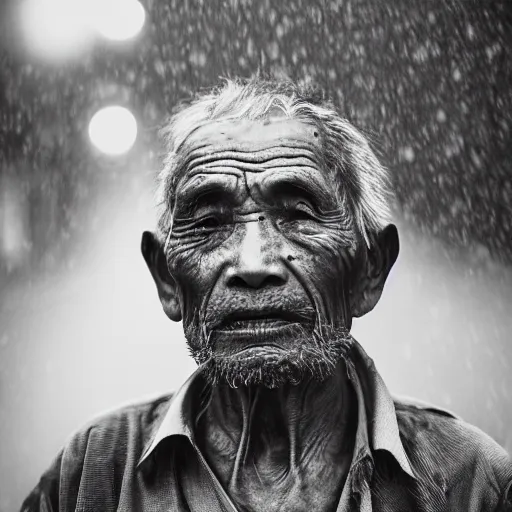 Image similar to Monochrome portrait of an intense old Nepali man on a rainy misty Kathmandu street at night, the only light source are bright overhead street lights, close-up, motion blur, grainy Tri-x pushed to 3200, 24mm tilt-shift, water drops on the lens, holga