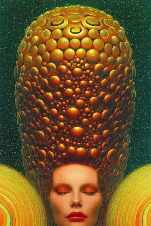 Image similar to 8 0 s art deco close up portait of mushroom head with big mouth surrounded by spheres, rain like a dream oil painting curvalinear clothing cinematic dramatic fluid lines otherworldly vaporwave interesting details epic composition by artgerm rutkowski moebius francis bacon gustav klimt