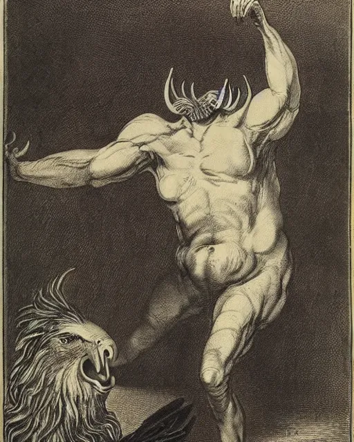 Image similar to a creature with the body and eyes of a man, with the beak of an eagle, the mane of a lion, and the horns of an ox. drawn by francis bacon