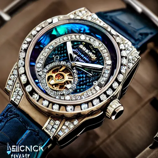Prompt: vvs diamond alexandrite sapphire watch, intricate design, rolex, cogs and gears, steampunk watch, bejeweled beautiful watch, richard mille, 8 k photography