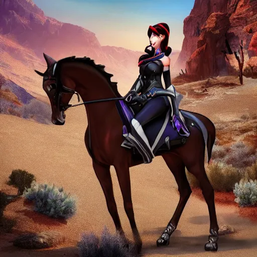 Prompt: widowmaker overwatch in the desert riding on a horse, black and red jacket, collar around neck, very detailed face, feminine face, full body