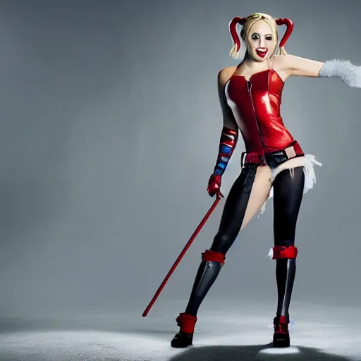 Image similar to A still of Kaley Cuoco as Harley Quinn, full-figure