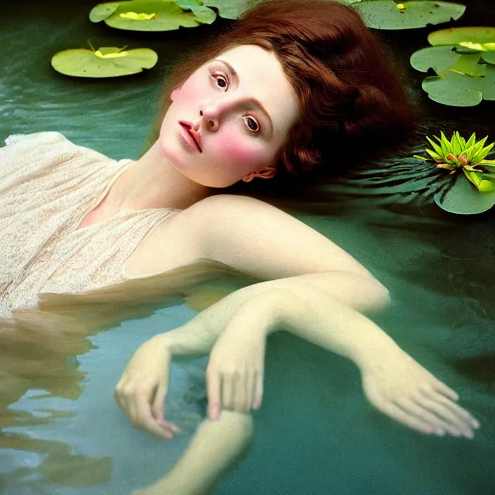 Image similar to Kodak Portra 400, 8K, soft light, volumetric lighting, highly detailed, britt marling style 3/4 ,view from above of close-up portrait photo of a beautiful woman how pre-Raphaelites painter, above water, part of the face is emerging of a pond with water lilies, , she has a beautiful lace dress and hair are intricate with highly detailed realistic beautiful flowers , Realistic, Refined, Highly Detailed, natural outdoor soft pastel lighting colors scheme, outdoor fine art photography, Hyper realistic, photo realistic,warm lighting,