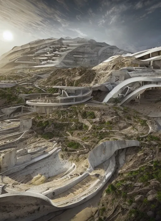 Image similar to bioremediation white mining tailing futuristic architecture in chuquicamata, epic, cinematic, hyperealistic, high detailed, corona render, hdr, ray tracing