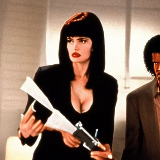 Prompt: stillframe of Pulp Fiction 2 staring a Geena Davis