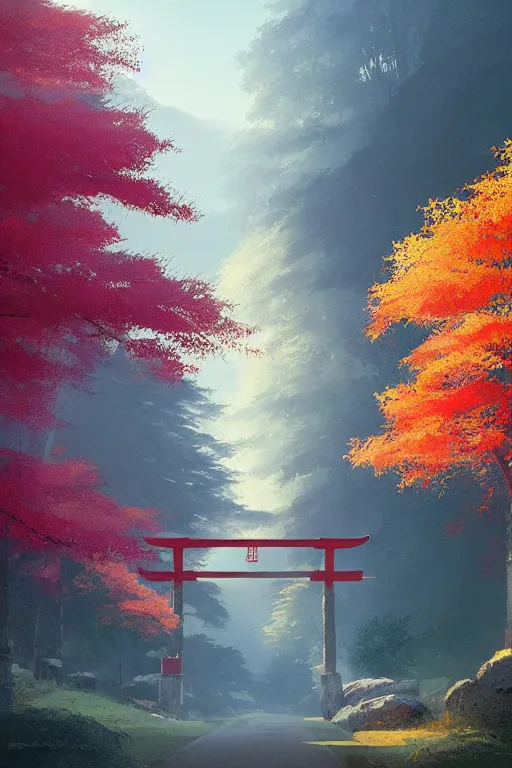 Prompt: traditional Japanese Torii in a colorful moutain with trees ,morning , by Grzegorz Rutkowski, concept art