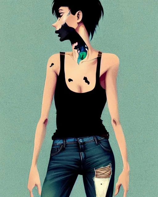 Image similar to a ultradetailed beautiful full body painting of a stylish woman with short hair, she is wearing a black tank top and jeans, by conrad roset, greg rutkowski and makoto shinkai trending on artstation