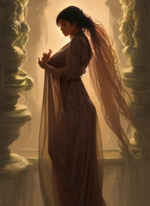 Image similar to cute brown woman wearing a transparent night gown and hanfu face veil, fantasy, intricate, highly detailed, digital painting, artstation, concept art, wallpaper, smooth, sharp focus, illustration, art by artgerm and greg rutkowski and alphonse mucha