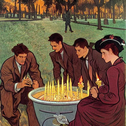 Image similar to painting of arkansas razorbacks at the halloween! party, bubbling cauldron!, candles!, graveyard, gravestones, ghosts, smoke, autumn! colors, elegant, wearing suits!, clothes!, delicate facial features, art by alphonse mucha, vincent van gogh, egon schiele