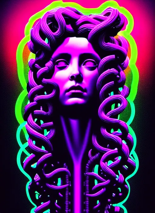 Image similar to statue of medusa, beeple, android jones, ( ( ( ( ( dan mumford ) ) ) ) ), vaporwave, retrowave, black background, neon wiring, black, glitch, strong contrast, cuts, pinterest, trending on artstation