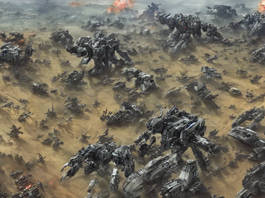 Image similar to ariel view, wide angle view, war mechs fighting, mech battlefield battling, wartorn, desolate gloomy planet, science fiction