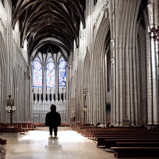 Image similar to man in large throne room of grand cathedral, sitting alone, shadows, fantasy, profile picture