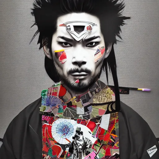 Prompt: modern samurai, contemporary collage, highly detailed, digital painting, 4 k, hdr, punk, fashion, smooth, sharp focus, art by nick knight, sandra chevrier and john hoyland