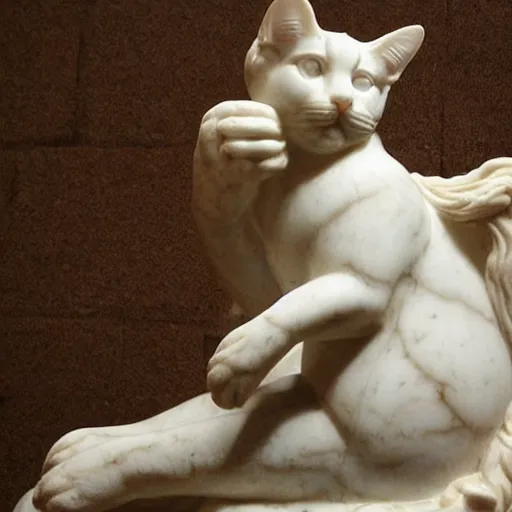 Prompt: a cat is sitting, marble statue, antique style, dramatic lightning,